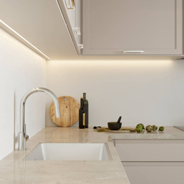 istock Faucet with sink in the interior of the kitchen. Modern design. 3D rendering 1416967544