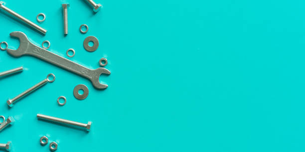 istock close up top view on group of technical work tool on yellow background for design concept 1416967693