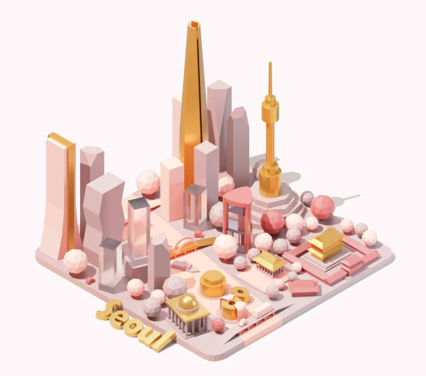Vector isometric Seoul skyline, South Korea Vector isometric Seoul skyline, South Korea. Low poly illustration. Fictional isometric map. Korean landmarks and famous buildings seoul bus stock illustrations