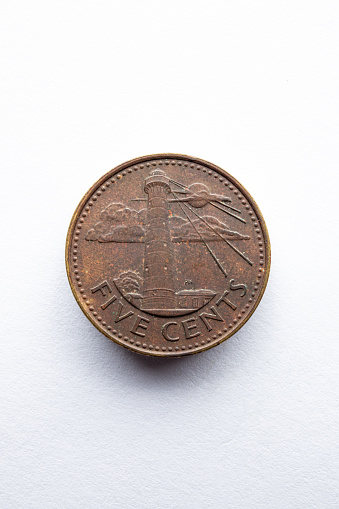 Barbados 5 Cent Coin. 1988. On white. Soft Lighting
