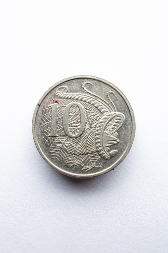 Australia Coin 10 Cent Dime Elizabeth II. 1980.\n\nCoin on white. Soft Lighting
