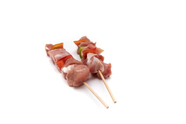 istock Raw meat (turkey) and vegetable skewer, isolated on white background. 1416969723