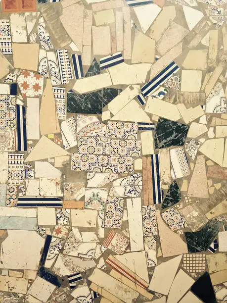 Closeup of Moroccan mosaic white blue wall tiles pattern.
