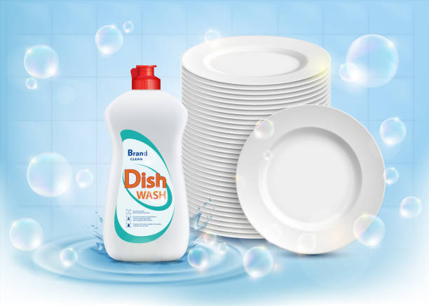 bildbanksillustrationer, clip art samt tecknat material och ikoner med dishwashing liquid in a plastic bottle next to clean dishes - diskmedel