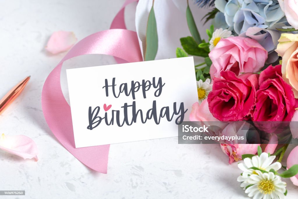 Happy Birthday Card On Flower Bouquet With Roses And Pink Ribbon Stock  Photo - Download Image Now - iStock