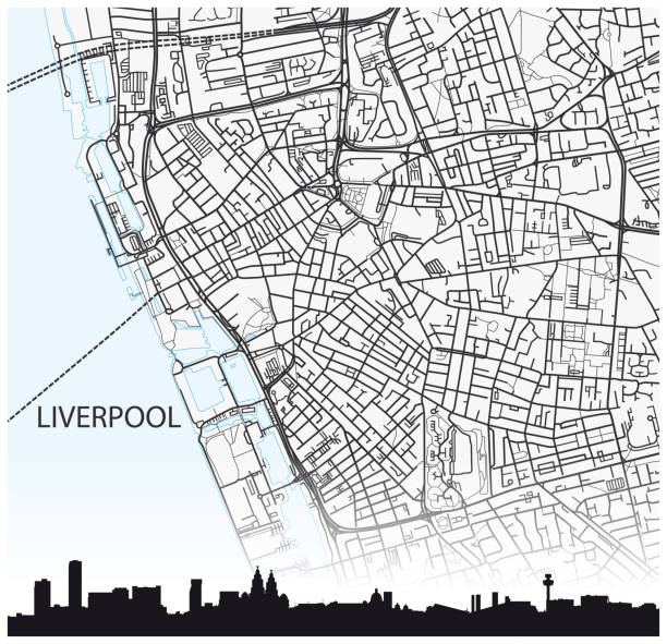 ilustrações de stock, clip art, desenhos animados e ícones de city map and silhouette of the north west english city of liverpool - borough of north east