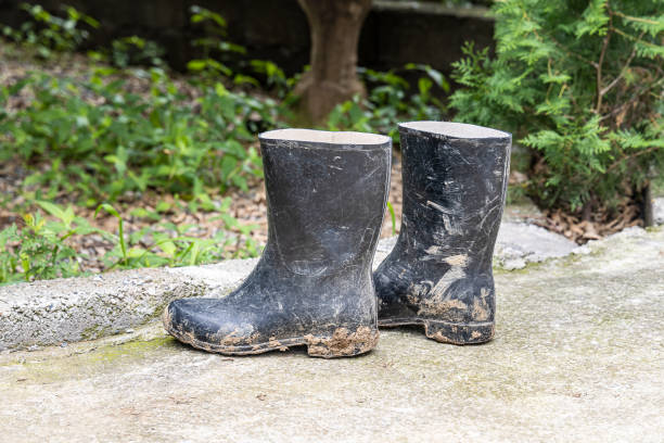 Close-up of a pair of rubber boots on soil