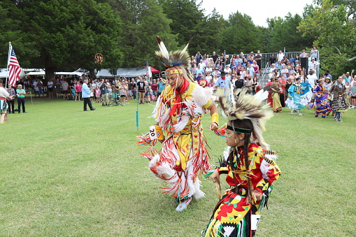 Suffolk, Virginia, USA, August 21, 2022:  Nansemond Indian pow wow in Suffolk, Virginia you find many tribes dancing their native dance.