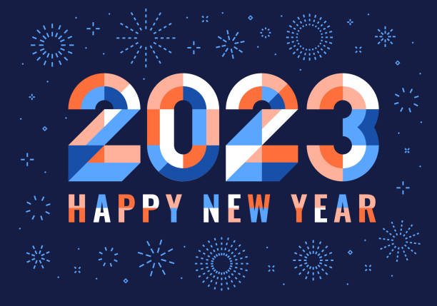 moderne, geometrische, neujahrskarte 2023 - neujahr stock-grafiken, -clipart, -cartoons und -symbole