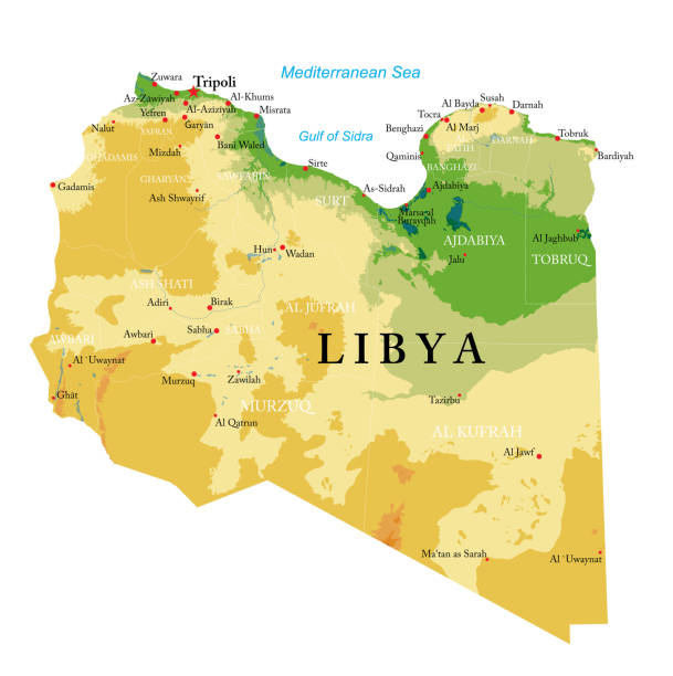 Libya highly detailed physical map Highly detailed physical map of Libya in vector format,with all the relief forms,regions and big cities. libya map stock illustrations