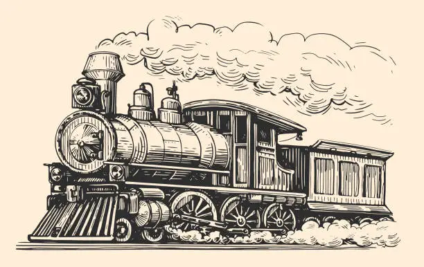 Vector illustration of Moving retro train with smoke sketch. Hand drawn transport, locomotive vintage engraving style. Vector illustration