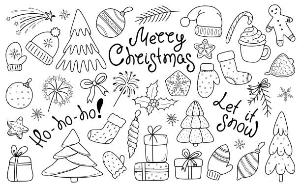 istock A set of Christmas design elements in the doodle style. Hand-drawn doodle vector illustration. A set with inscriptions, fir branches, decorations,sweets,gift boxes for labels, postcards, invitations. 1416988991