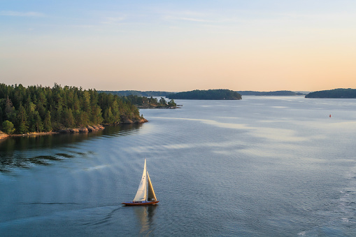 Sailboat in Stockholm Archipelago. Picture taken during a Baltic Sea cruise in August 2019.