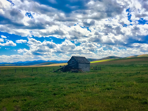 horizontal image of a quaint little old abandoned house with peeling paint and broken windows sitting behind a broken wooden fence under a beautiful blue sky with white clouds in the fall time.