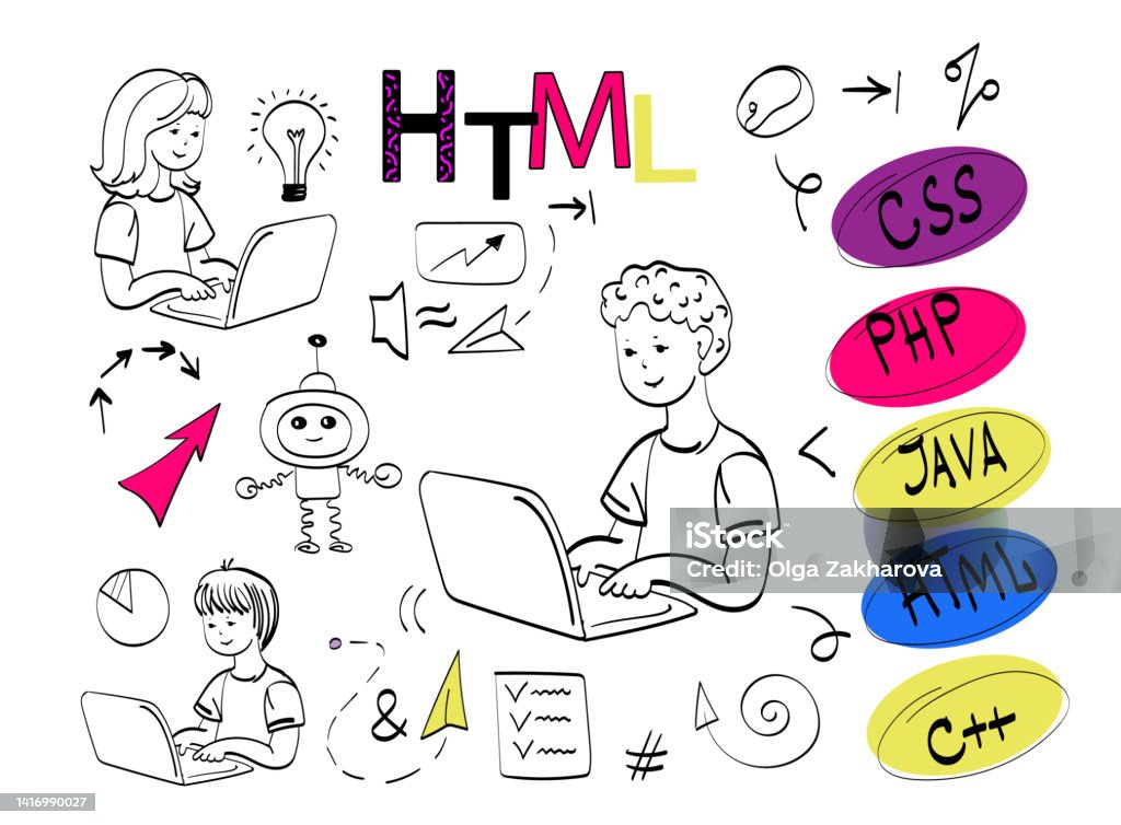 Kids Drawing Code For Me Kids Coding Education Concept Children Kode School Vector Illustration ...