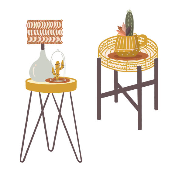 ilustrações, clipart, desenhos animados e ícones de boho home decor side tables with lamp and plants vector isolated elements set - side table illustrations