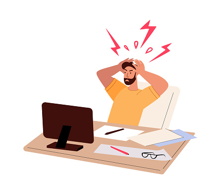 Tired Nervous Angry overworked employee at workplace.Exhausted fatigue office worker with exploded head,sit at computer desk,overloaded with work.Flat vector illustration isolated on white background