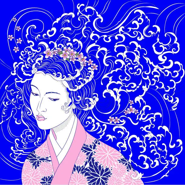 Vector illustration of geisha with waves instead of hair1