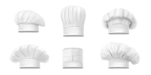 Vector illustration of White chef s hat different shape set realistic vector illustration. Collection cook caps and baker toques headdress for kitchen staff. Restaurant cafe catering and culinary baking uniform headwear