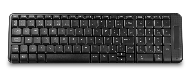 Front view of simple black computer keyboard, isolated on white