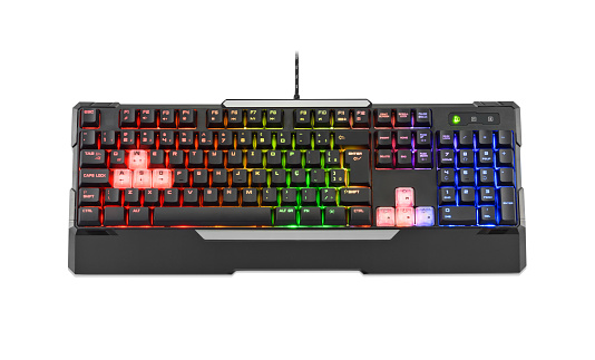 Front view of modern black computer gamer keyboard with colorful lights, isolated on white