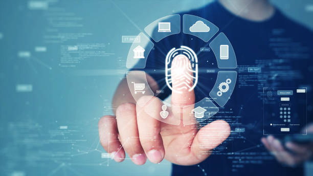 istock The concept of technology for logging in using fingerprint scanning electronic devices to access transaction applications through smartphones. Finger scan has polygon binary code icon on background. 1416996793