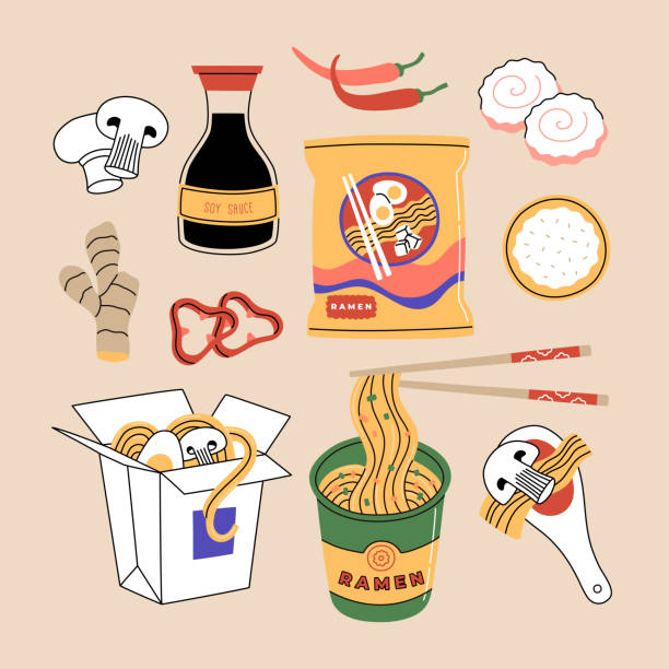 Set of ramen noodles soup. Different packing, souses, chopsticks. Traditional popular asian hot food Set of ramen noodles soup. Different packing, souses, chopsticks. Traditional popular asian hot food. Hand drawn color vector illustration isolated on blue background. Flat cartoon style. instant food stock illustrations