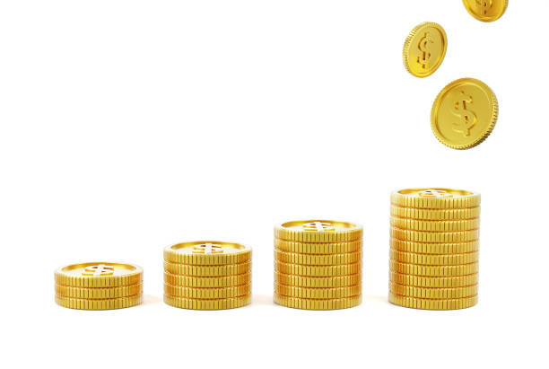 istock Stack Realistic many gold coins splash on white background. currency value or income increase concept. Cash treasure concept. Vector 3d illustration 1416999390