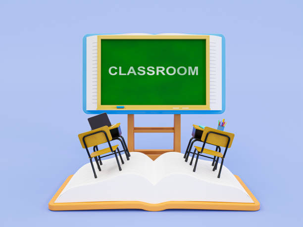 istock 3d minimal classroom. classroom equipment concept. study space. school blackboard on a book, table, chair, and educational supplies. 3d rendering illustration. 1417001480