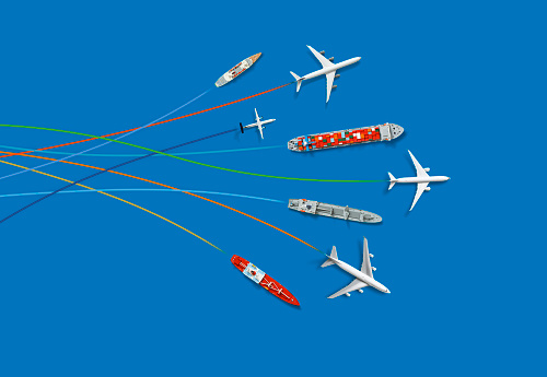 A bunch of airplane and ship models on blue background