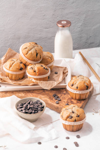 istock Chocolate chip muffins with milk 1417005490