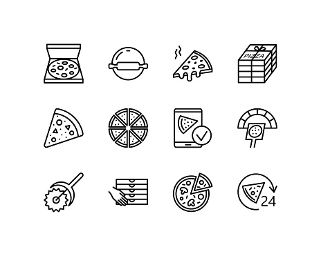 Pizza flat line icons set. Pizza making, ordering and delivery service. Fast food symbol. Simple flat vector illustration for web site or mobile app.