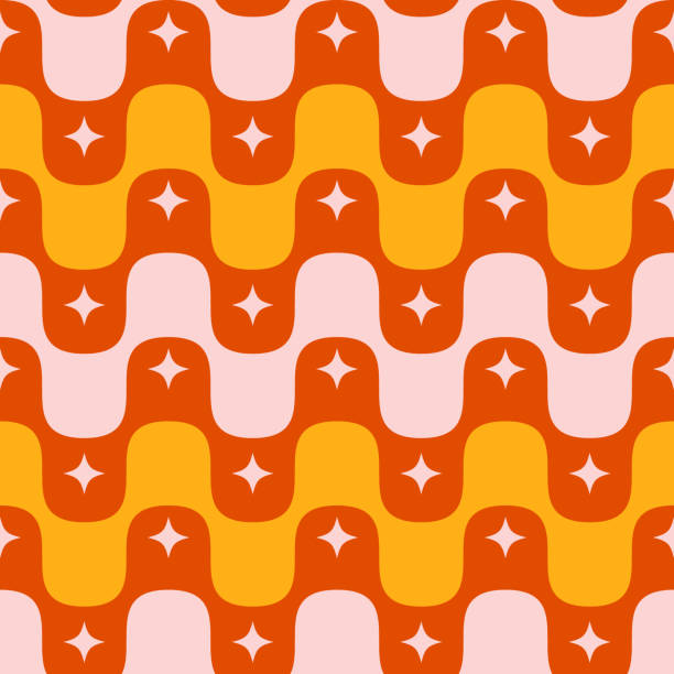 illustrations, cliparts, dessins animés et icônes de motif de style groovy des années 1960 avec des lignes ondulées symétriques et des étoiles. conception de motif géométrique rétro sans couture avec des couleurs orange et rouge. - 1960’s