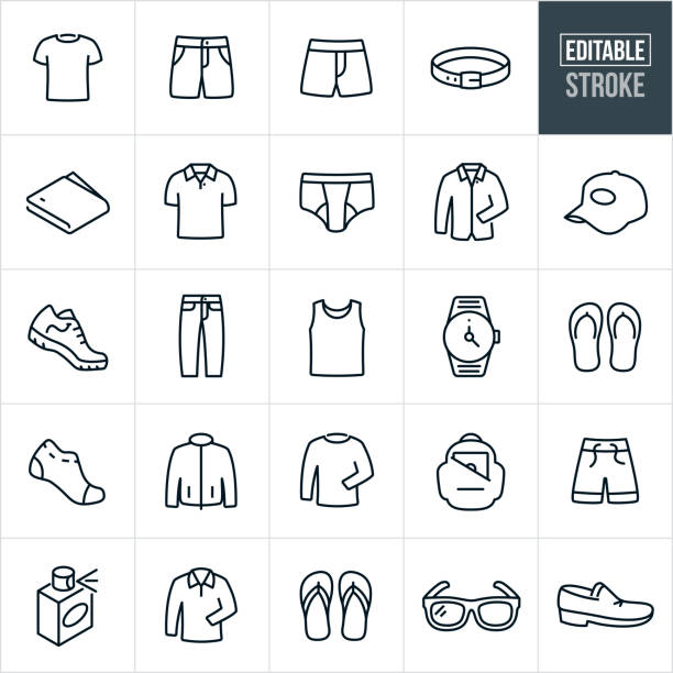Men's Casual Wear Thin Line Icons - Editable Stroke A set of men's casual wear icons that include editable strokes or outlines using the EPS vector file. The icons include a men's t-shirt, shorts, boxer shorts, belt, wallet, polo shirt, underwear, button up long sleeve shirt, baseball cap, shoes, jeans, tank top, watch, flip-flops, socks, jacket, casual long sleeve shirt, backpack, swimsuit, cologne, sandals, glasses and loafers. mens clothing stock illustrations