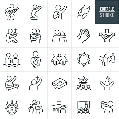A set of faith and worship icons that include editable strokes or outlines using the EPS vector file. The icons include a guitarist playing worship music, person on knees reaching to heaven, pastor with arm in the air while giving a sermon using a microphone, hand clasping another hand to save, Christian reading bible, two believers hugging, Christian with arm around shoulder of a sad person, hands with praying gesture, Christ on the cross, person being baptized, pastor with wrists crossed, hands holding out heart, crown of thorns, believer showing non-believer the path to take at a fork in the road, preacher giving sermon, Christian reaching out to cross with head down, bible, pastor at podium preaching to group of people, worshiper with arms up to sky, hands holding out a donation plate, family attending church, church, an evangelist giving a sermon to an audience and a person singing as part of a worship service