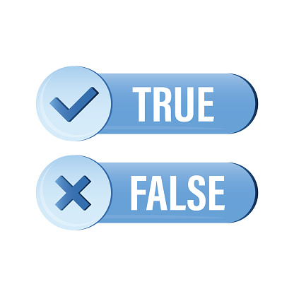 True and false - buttons. Select right answer, decision. Symbols or tags isolated on white background. Design in trendy blue colors. Flat vector illustration