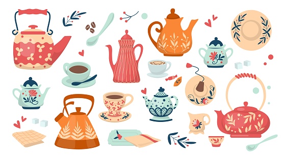 Ceramic crockery. Kitchen cooking tableware with jug, porcelain cup, teapot and colorful pitcher, plate with ornament and glass bowl, food dish tool. Cozy home dining. Vector isolated illustration set