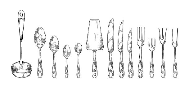 Cutlery sketch. Tableware for restaurant food. Forks, knives and spoons. Utensil collection. Bistro or cooking menu. Ladle and spatula. Engraving serving dinnerware set. Vector isolated illustration