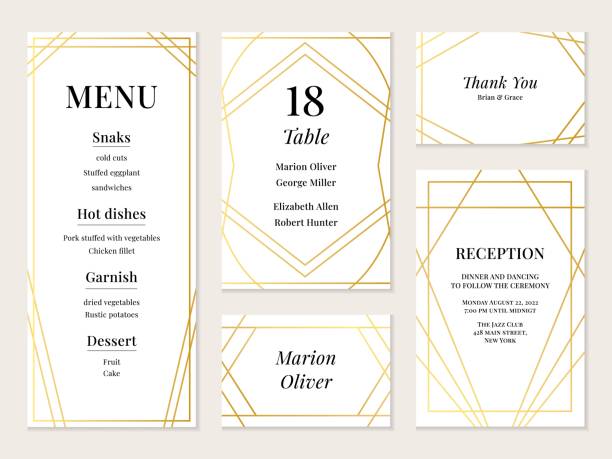 ilustrações de stock, clip art, desenhos animados e ícones de golden elegant wedding menu with frame and text. invitation elegant template collection. gold corporate cards set. luxury geometric layout. marriage banquet. vector design background - greeting card invitation wedding menu