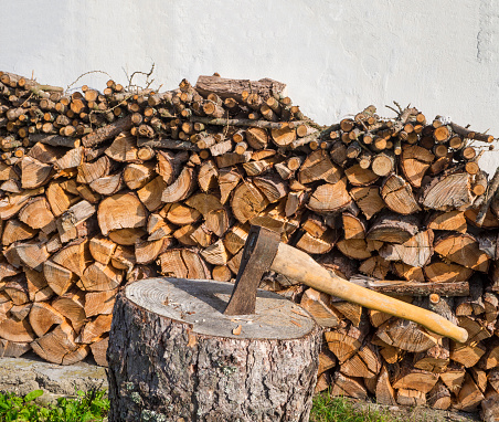 axe on the chopping block with chopped wood pile leveled on white wall