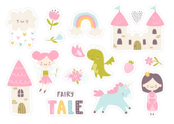 Vector illustration of Cute fairy tale sticker pack for girls. Magic girly collection with princess and unicorn.