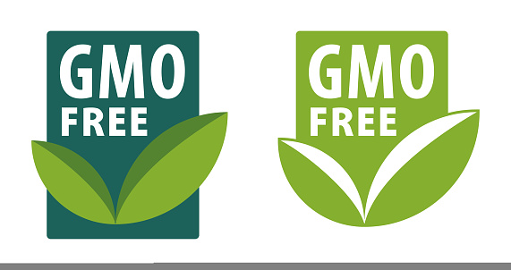 GMO free - green eco-friendly square label with leaf and text, for genetically unmodified products