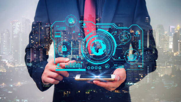 istock double exposure of businessman using mobile phone see digital data info with blur city night. 1417014976