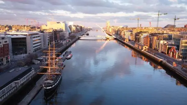 Photo of Aerial view of the fabulous Samuel Beckett Bridge with modern buildings in Dublin, Ireland