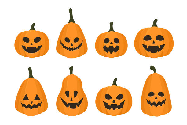 할로윈 호박 세트. 오렌지 행복하고 무서운 호박 얼굴. 흰색 배경에 고립된 벡터 일러스트레이션입니다. - halloween pumpkin carving jack olantern stock illustrations