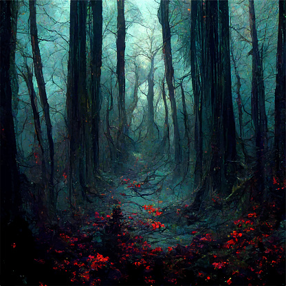 Dark fairy forest with scary trees and red flowers in the foreground