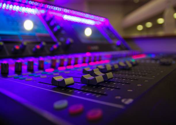 istock Closeup shot of a sound system illuminated with studio neon lights 1417025819