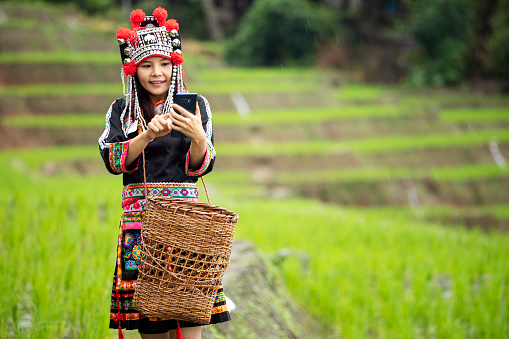 Portrait of Asia hmong lady make calling by input touching mobile phone screen in rice field with copy space