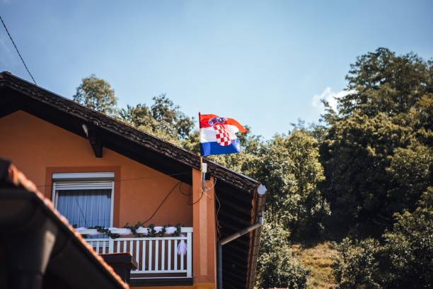 istock Flag of Croatia on a building rooftop 1417032958