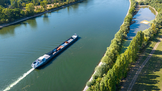 Industrial ship on river - aerial view